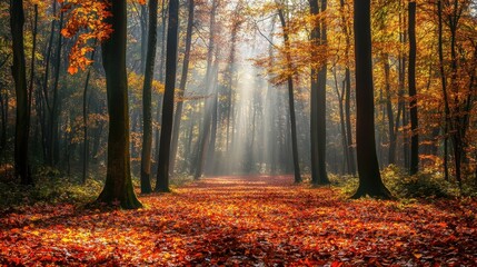 Fototapeta premium A colorful forest scene in autumn, fallen leaves blanketing the ground, sunlight streaming through branches