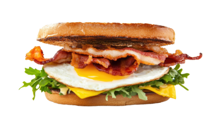 A bacon and egg sandwich on a white background