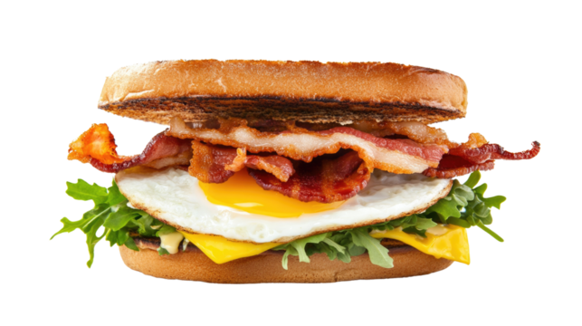 A bacon and egg sandwich on a white background