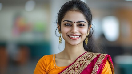 business portrait of a beautiful indian woman smiling in the office, symbolizing confidence, elegance, and career success in a professional environment
