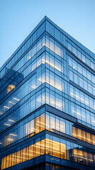 Obraz premium Modern Glass Building Exterior at Dusk, Architectural Photo