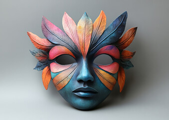 Obraz premium A handcrafted mask with bold watercolor hues of blue, pink, orange, and green, carved in clay with a bird-like beak design, creating an artistic and whimsical visual statement.
