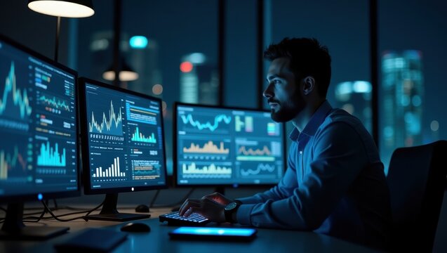 Financial analyst working late at night with multiple screens displaying data and charts