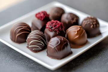 Fototapeta premium A group of chocolate truffles with a glossy finish, placed on a dessert plate