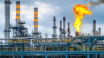 Refinery flaring gas, industrial complex, daytime sky