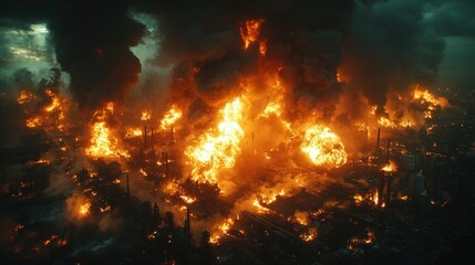 Industrial fire disaster aerial view, smoke and flames engulfing factories