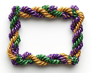 A Mardi Gras-themed rectangular frame in green, purple, and gold, designed with decorative ribbons and glitter accents, leaving ample white space in the center for customizable text.
