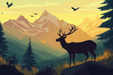 Wildlife in a mountain valley during golden hour. Buck and baby dear, Wild Animals Flat style cartoon vector illustration
