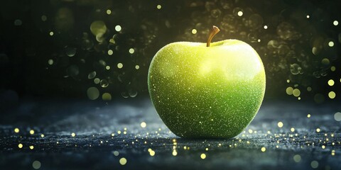 Realistic 3D Icon Cartoon of A Levitating Green Apple with Light Sparkles on a Crisp Background