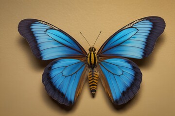 a close up of a blue butterfly with a yellow stripe on its wings