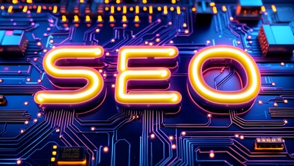 Fototapeta premium Vibrant neon seo lettering on high-tech circuit board