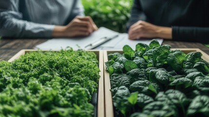 Farmer and consultant work together on organic certification process while examining flourishing crops in agricultural office