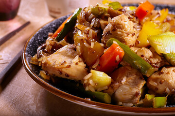 Asian styled chicken and vegetable stir fry on a plate.