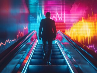 Career growth reflected in a professional ascending an illuminated escalator. Generative AI