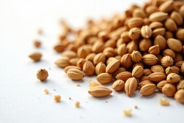 Brown seeds and dry husks scattered on white surface, dry husks, farm