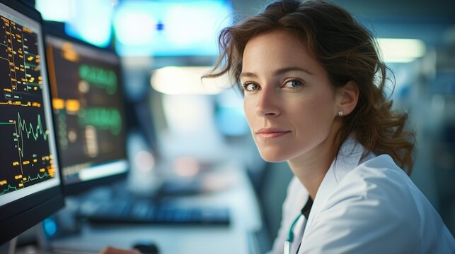 Medical coder analyzing patient data on computer screens in a clinical setting.