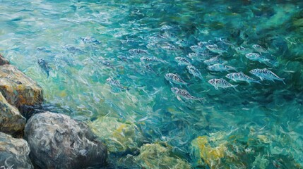 Obraz premium School of fish swimming in clear turquoise water near rocks.