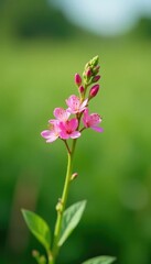 Obraz premium delicate sprig of Ononis Arvensis with pink flowers, landscape, greenery,