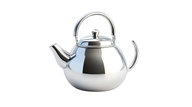 A silver tea kettle sits on a white background