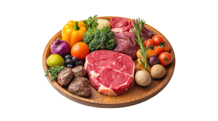 A wooden tray with a variety of meat and vegetables