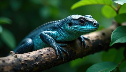 Fototapeta premium Mottled dark blue scales blend seamlessly into a rustic wooden branch, branch, green leaves, wildlife
