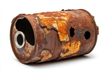 Rusty Metal Barrel with Holes and Orange Stains on White Background
