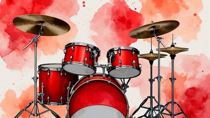 Vibrant red drum kit on artistic watercolor canvas