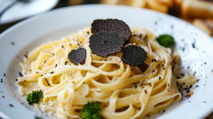 A sumptuous serving of al dente pasta, elegantly adorned with finely grated black truffle fresh from the market, set against a backdrop of rustic dining ambiance
