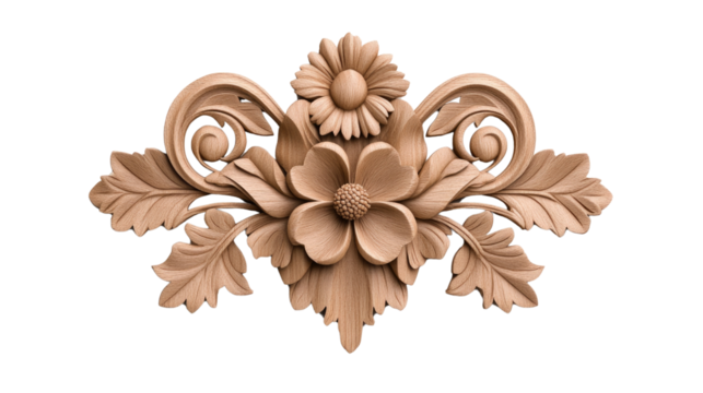 A wooden flower design with a leafy border