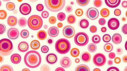 Abstract seamless pattern with pink, orange, and purple concentric circles on white background.