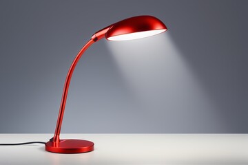 a close up of a red lamp on a table with a gray background