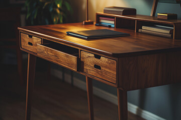 Elegant Wooden Desk in Warm Lighting