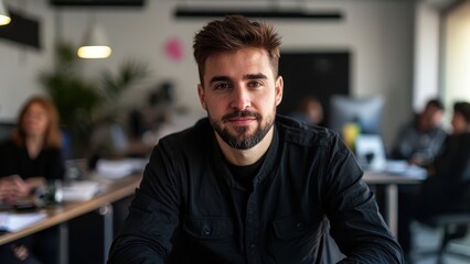 Fototapeta premium Young Man with Beard Sitting Confidently in Modern Office Space