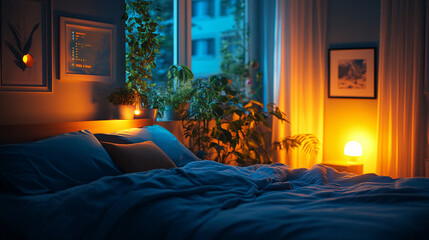 health immune routine. Cozy bedroom with warm lighting and indoor plants.