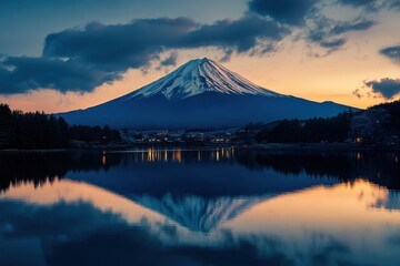 A serene view of Mount Fuji at dusk, rich colors, famous Japan landmark, professional travel photography