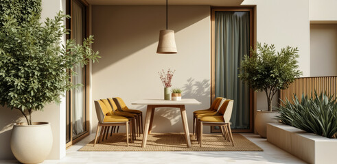Fototapeta premium sunlit balcony with wooden dining set and potted plants