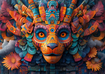 A vibrant Aztec-inspired digital illustration filled with intricate geometric patterns and bold colors, featuring symbols like pyramids, tigers, waves, and celestial elements.