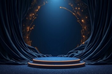 Dark stage background with blue curtains and spotlights