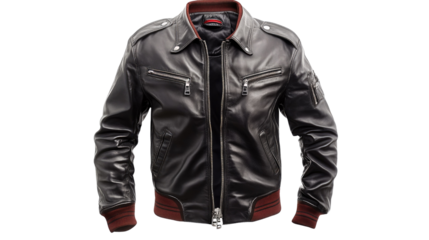 A man is wearing a black leather jacket