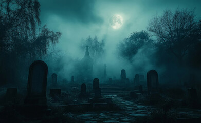 A mysterious graveyard at night, veiled in thick fog, with weathered tombstones and eerie moonlight casting haunting shadows, evoking an atmosphere of suspense and intrigue.