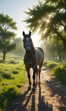 Un caballo gris en un prado con una colina verde y un sol bajo, campo, colina, caballo