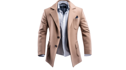 A tan jacket with a red shirt and a blue shirt