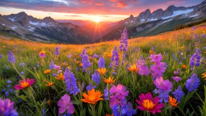 Obraz premium Vibrant wildflowers bloom in a mountain meadow sunset