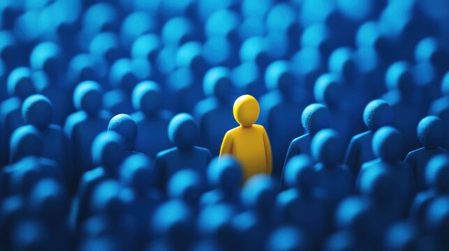 A single yellow figure stands out among a crowd of blue figures.