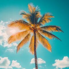 Sunny palm tree against vibrant blue sky.