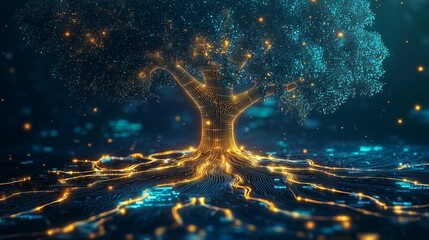 A glowing tree with digital roots symbolizes fintech innovation and ai growth.