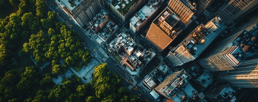 Aerial view displays a city with buildings and green trees