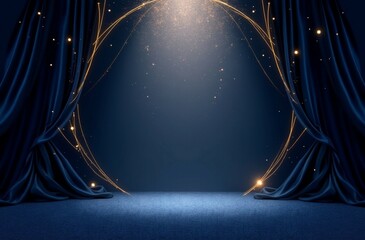 Dark stage background with blue curtains and spotlights