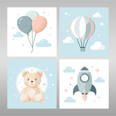 Minimalist Baby Shower Invitation Set – Balloons, Hot Air Balloon, Rocket & Teddy Bear