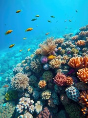 Fototapeta premium Vibrant and diverse coral reef ecosystem in the Maldives, showcasing an array of colors and marine life, travel, diving, biodiversity